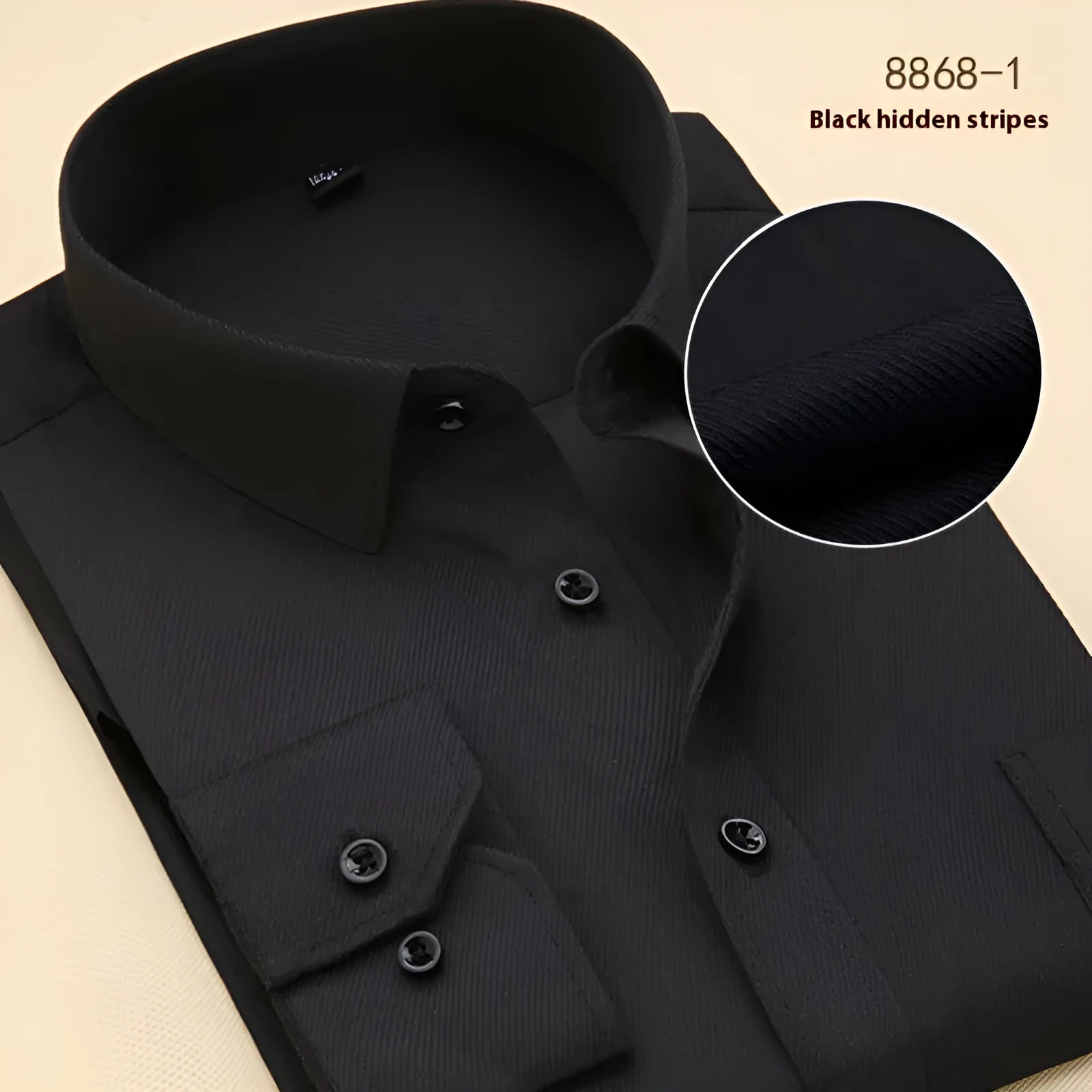Men's black long sleeve cotton business shirt with a regular slim fit on a hanger.
