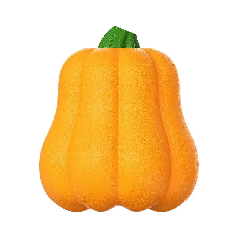 Pumpkin orange plastic dog chew toy with attached rope for tugging and fetching.