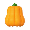 Pumpkin orange plastic dog chew toy with attached rope for tugging and fetching.
