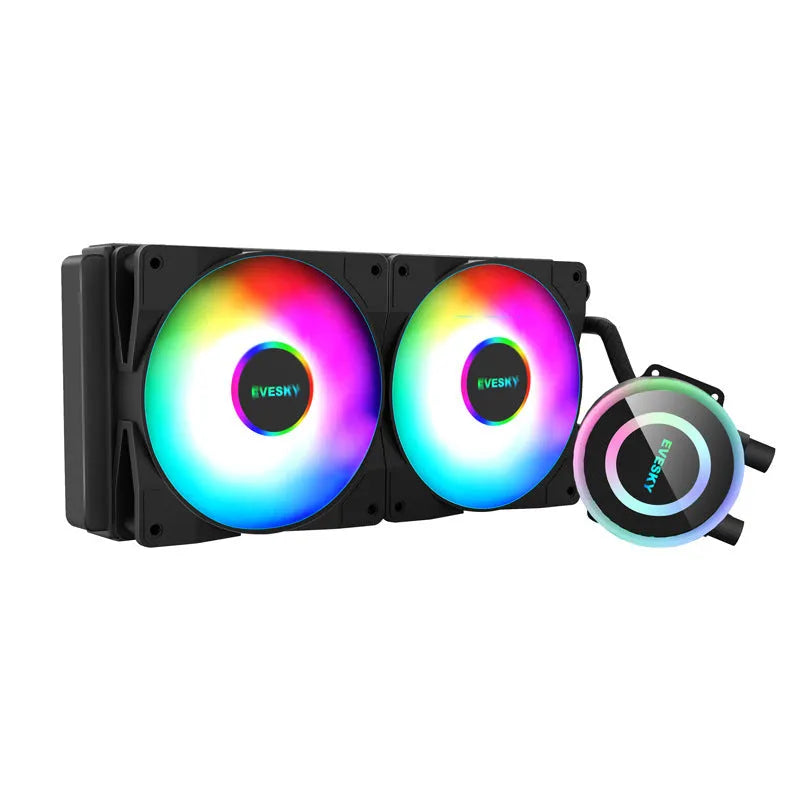 CPU liquid cooling radiator and fan with aluminium fins and optional RGB lighting.