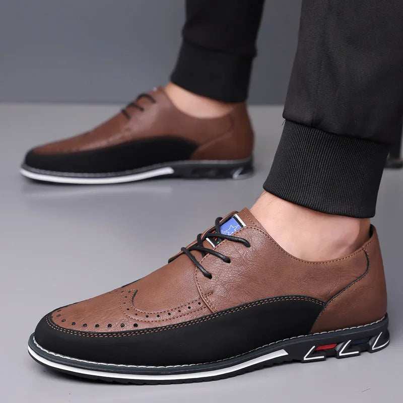 Men's black leather casual shoes with rubber sole and stitching detail