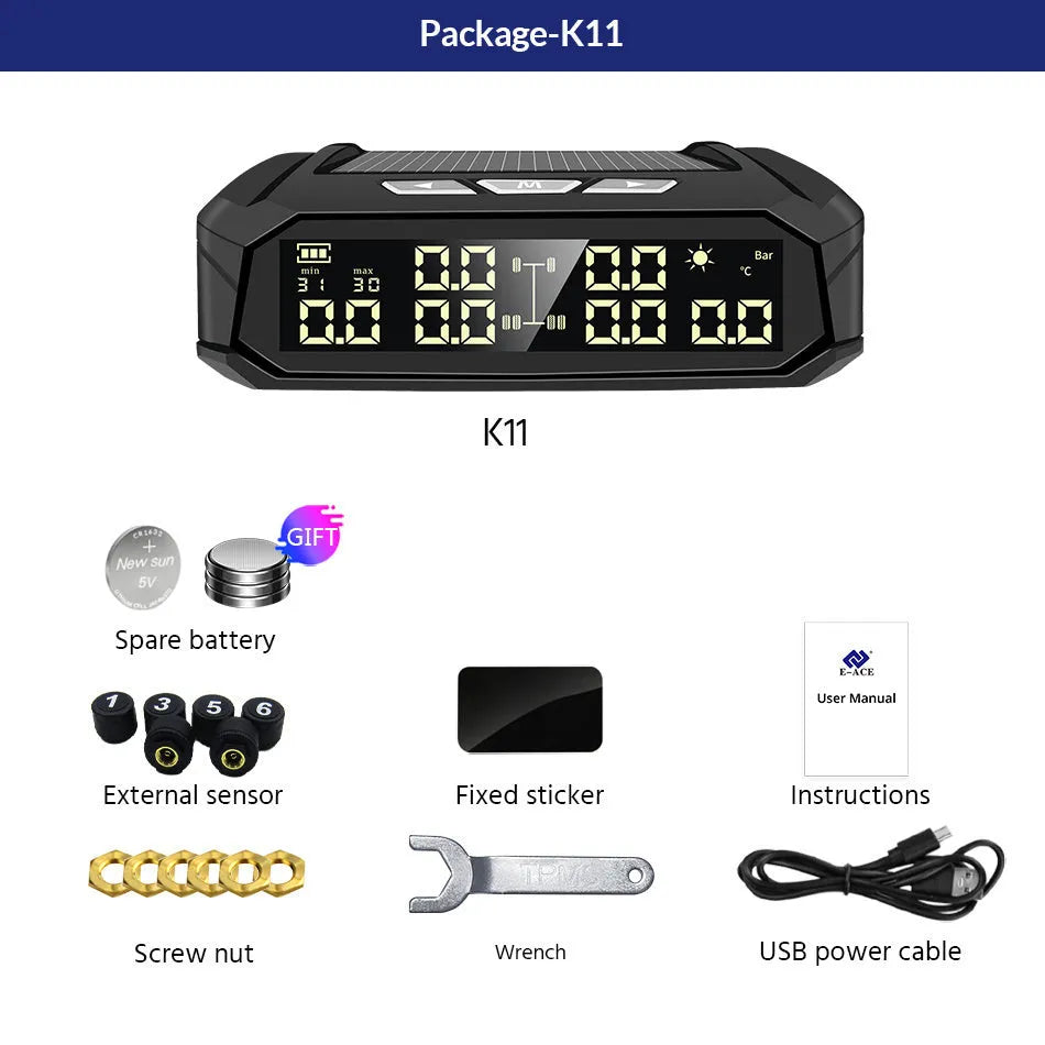 Solar external tyre pressure monitor system for six tyres with colour digital display for trucks and RVs