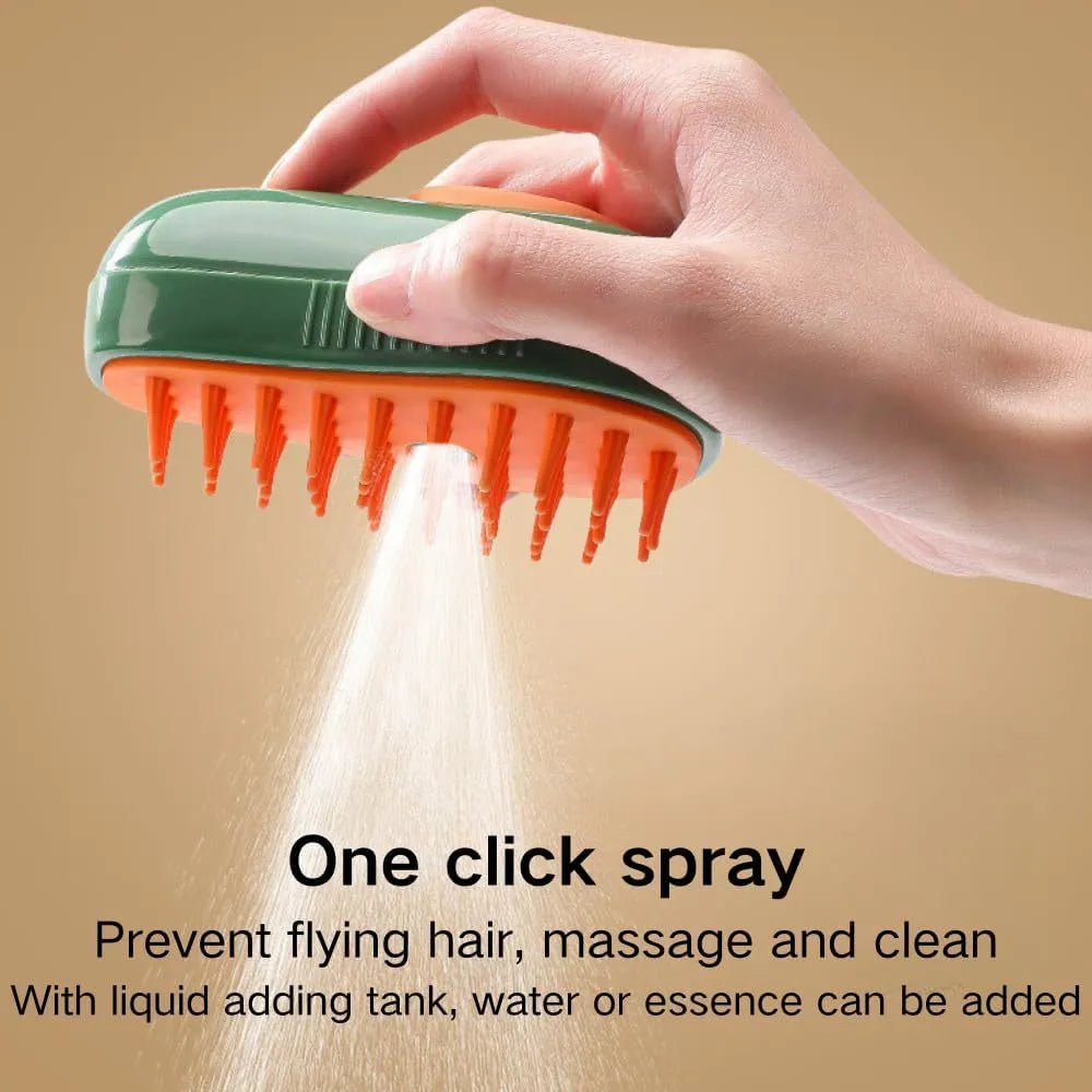 Green and white cat steam brush with water spray function and silicone massage teeth