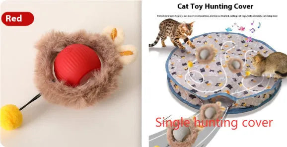 Silicone rolling ball cat toy in red, green, or grey colours, some variants with an attached rope.