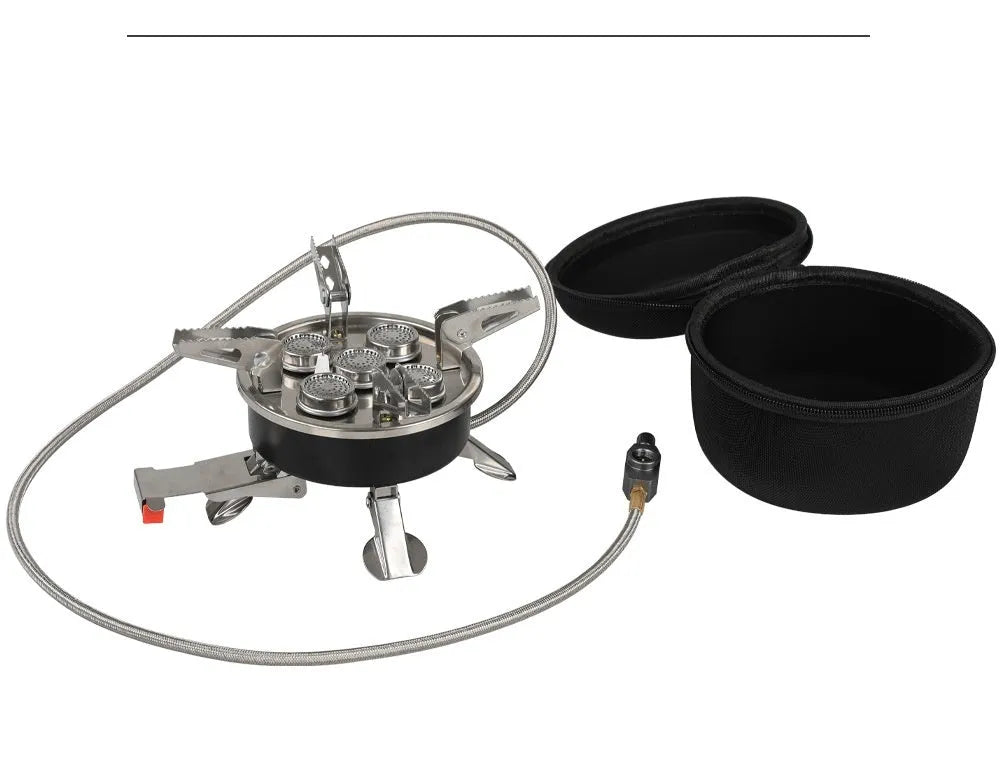 Silver foldable stainless steel portable camping split stove with a long gas hose