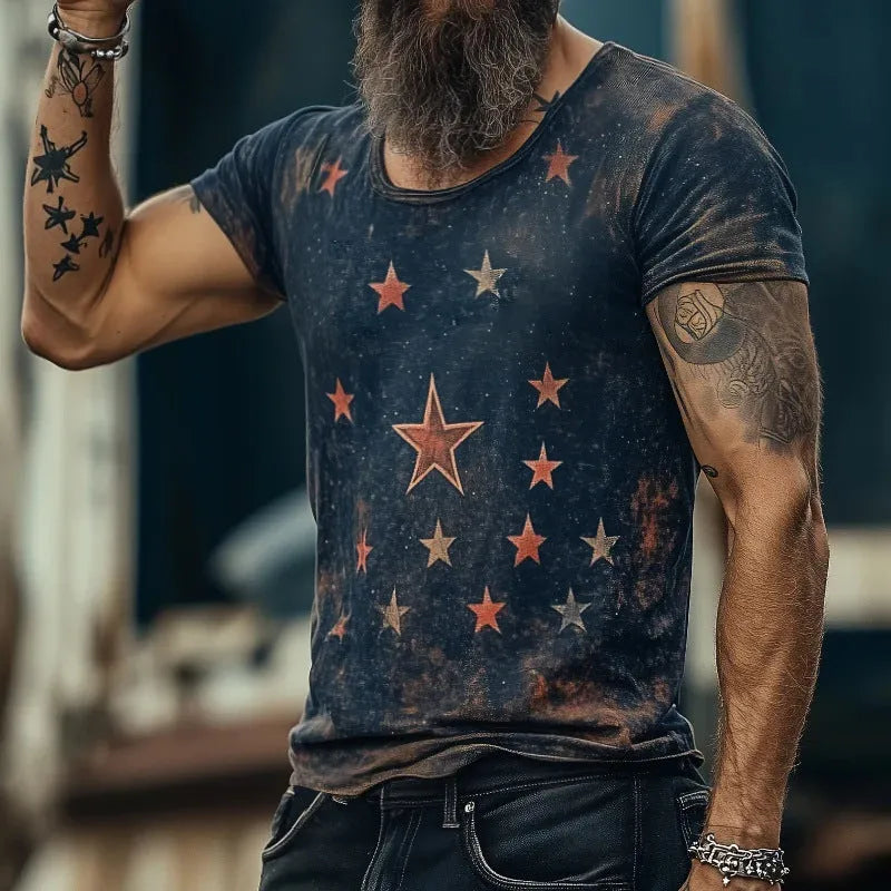 Loose fit short sleeve T-shirt with a colourful creative 3D pattern print, art retro style.