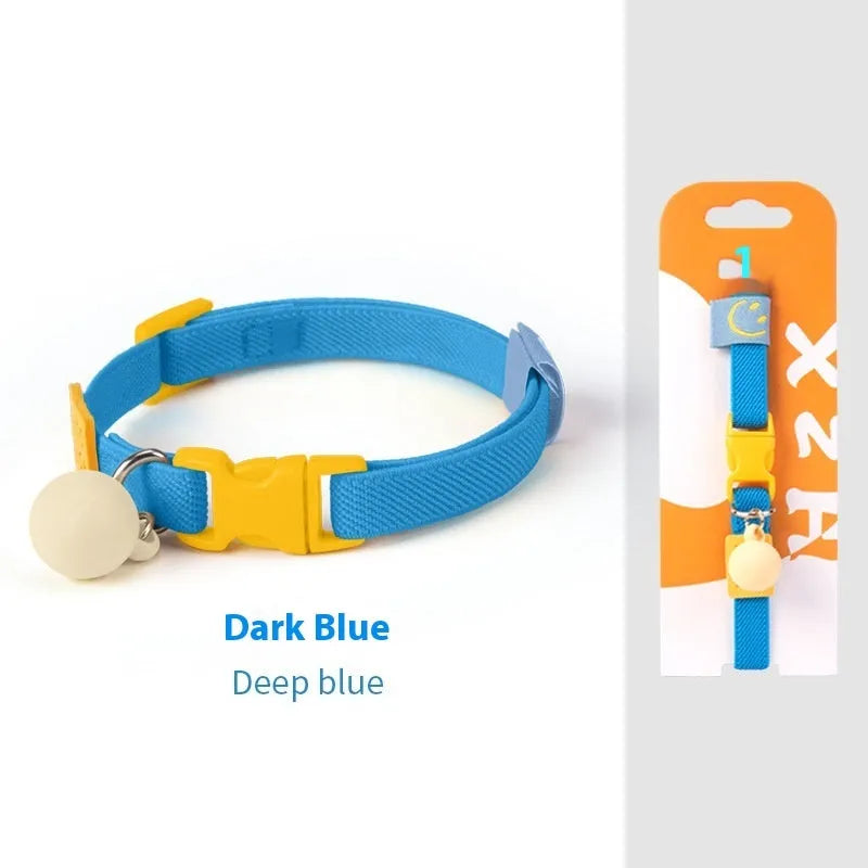 Small dog elastic polyester pet collar in seven colour options showing yellow, pink, and blue examples
