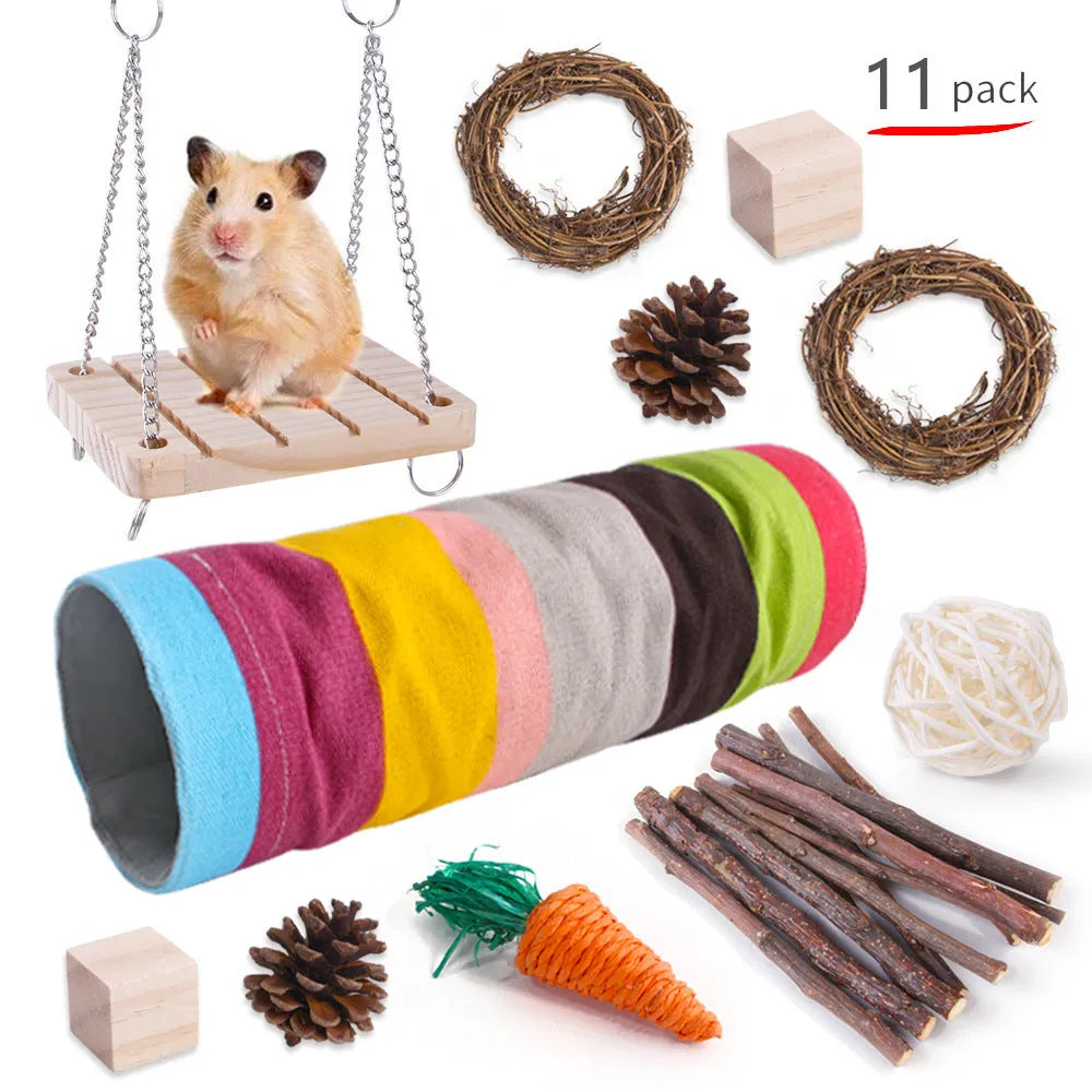 Wooden pet chewing toys bundle for rabbits guinea pigs and parrots with natural wood materials