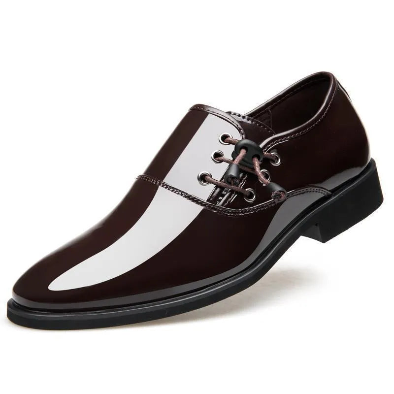 Men's black and brown formal business shoes with square heel and round toe design