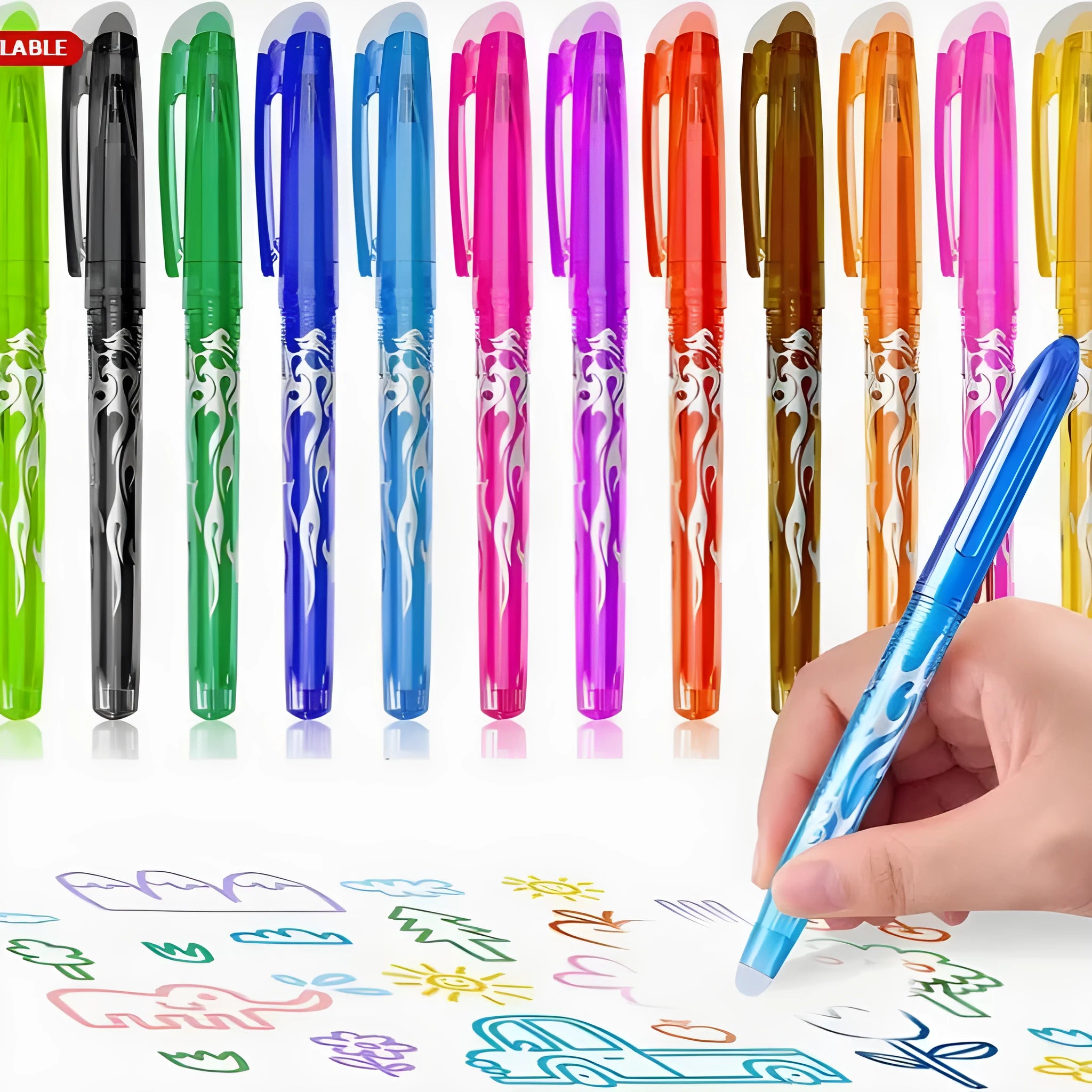 Heat-erasable gel pen with stainless steel nib in multiple colours showing 0.5mm and 0.7mm options