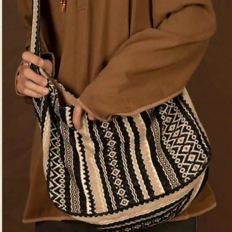 Corduroy vintage striped messenger bag with adjustable shoulder strap and zip closure