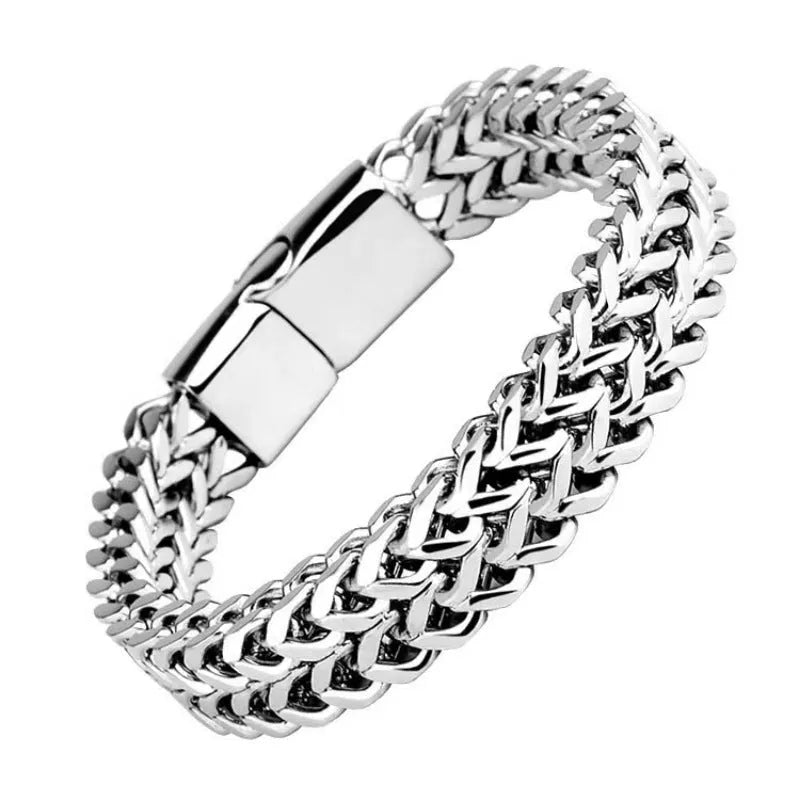 Silver geometric stainless steel hip hop bracelet showing front and back design details