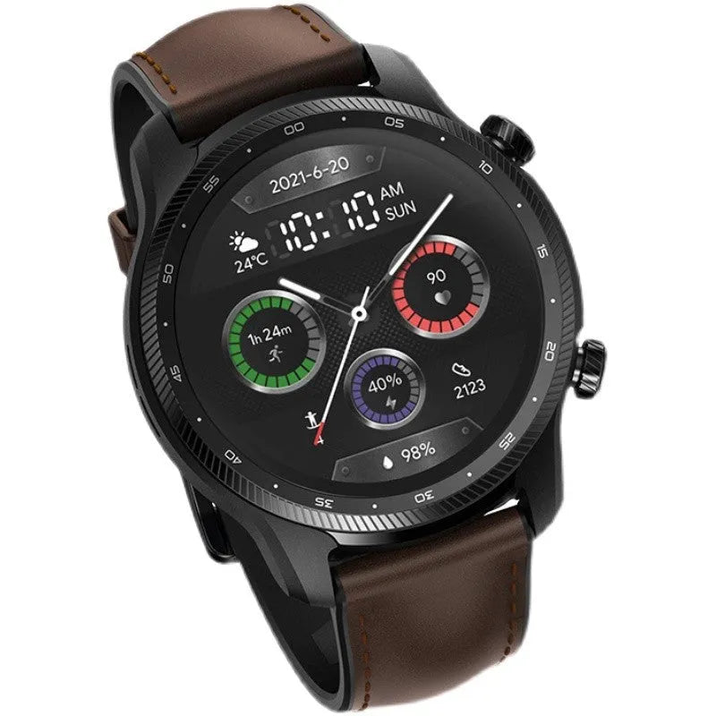 Ticwatch Pro X black smartwatch with round 47mm display showing watch face and activity tracking data