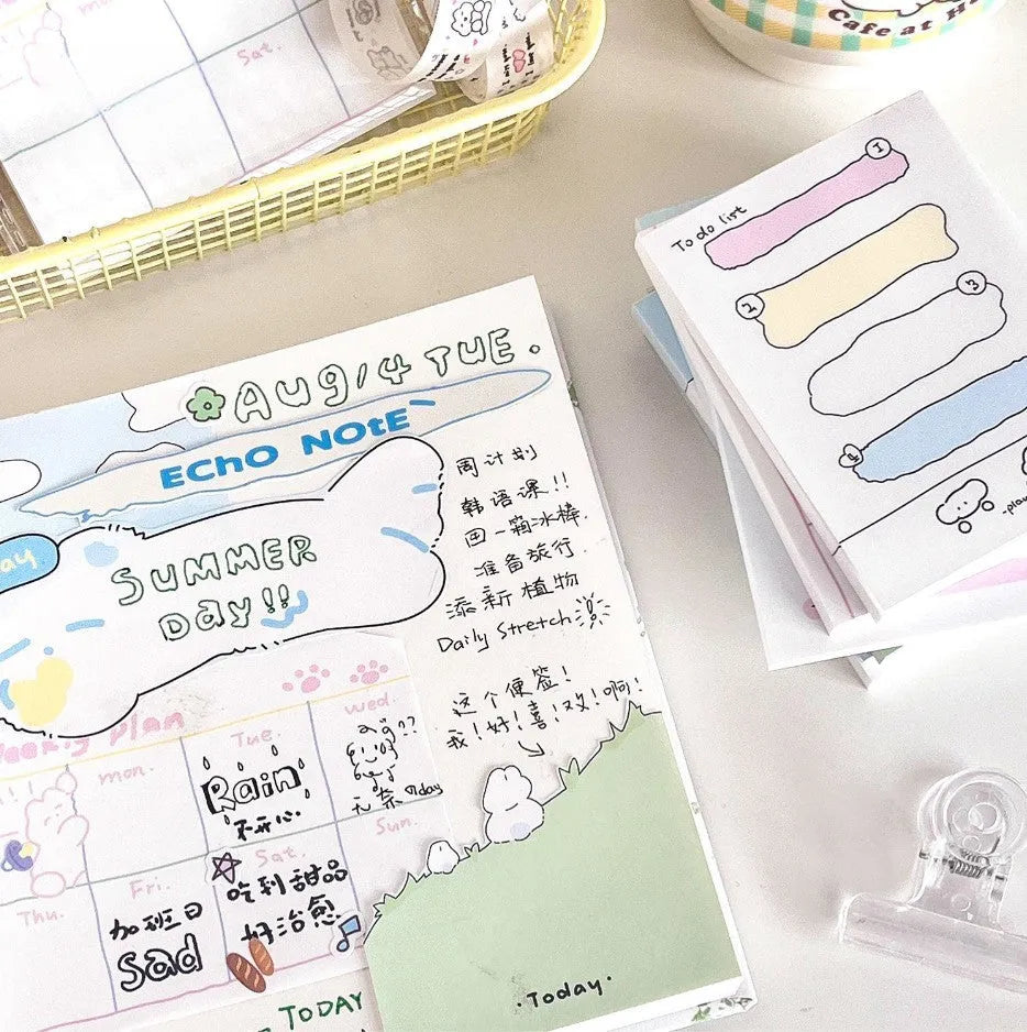Cute cartoon animal and planner themed sticky note pad with adhesive backing, 50 sheets