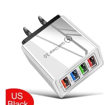 Dark blue 4-port USB wall charger with EU plug next to mobile phone