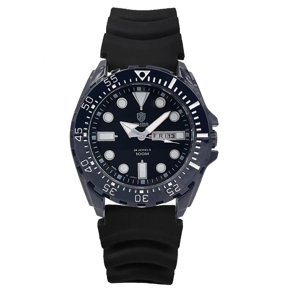 Men's waterproof luminous quartz watch with blue case and steel strap showing sporty 15mm design