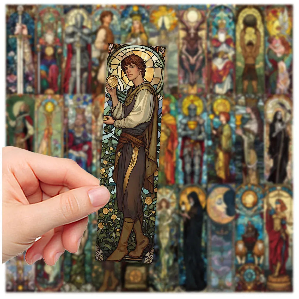 Pack of 30 colourful tarot-themed paper bookmarks with cute designs.