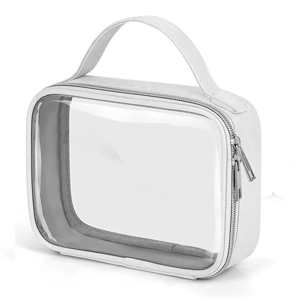 Transparent PVC cosmetics wash bag with chain in multiple colour options on a white background.