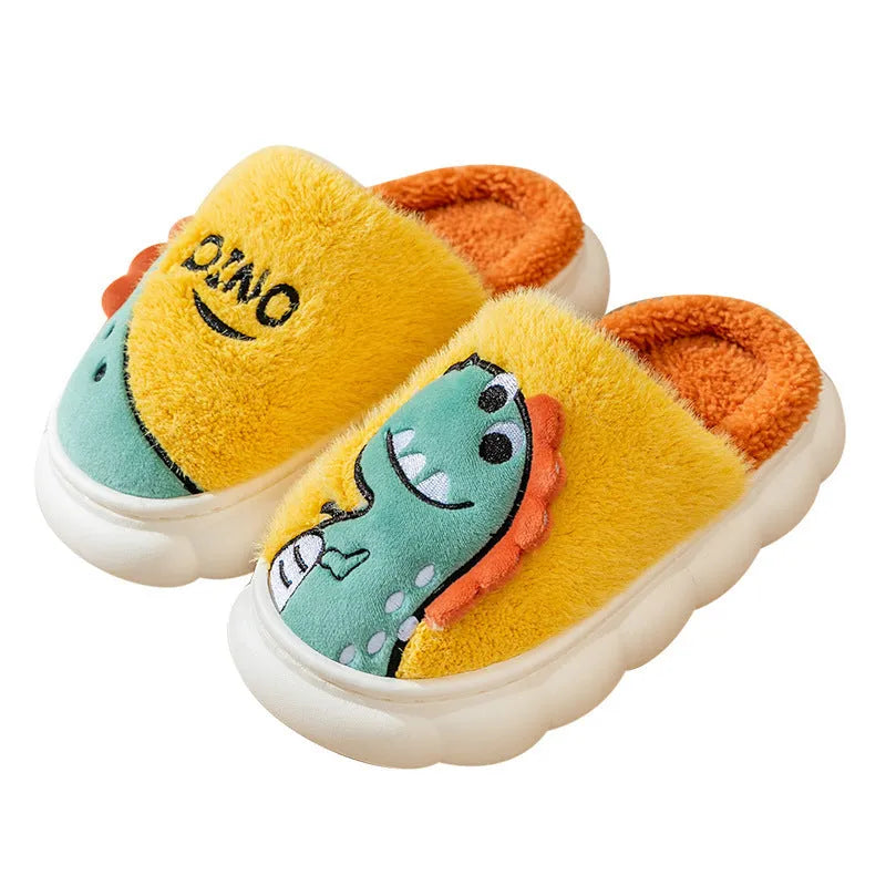 Cotton plush dinosaur couple slippers in three colour options with thickened sole for indoor winter wear