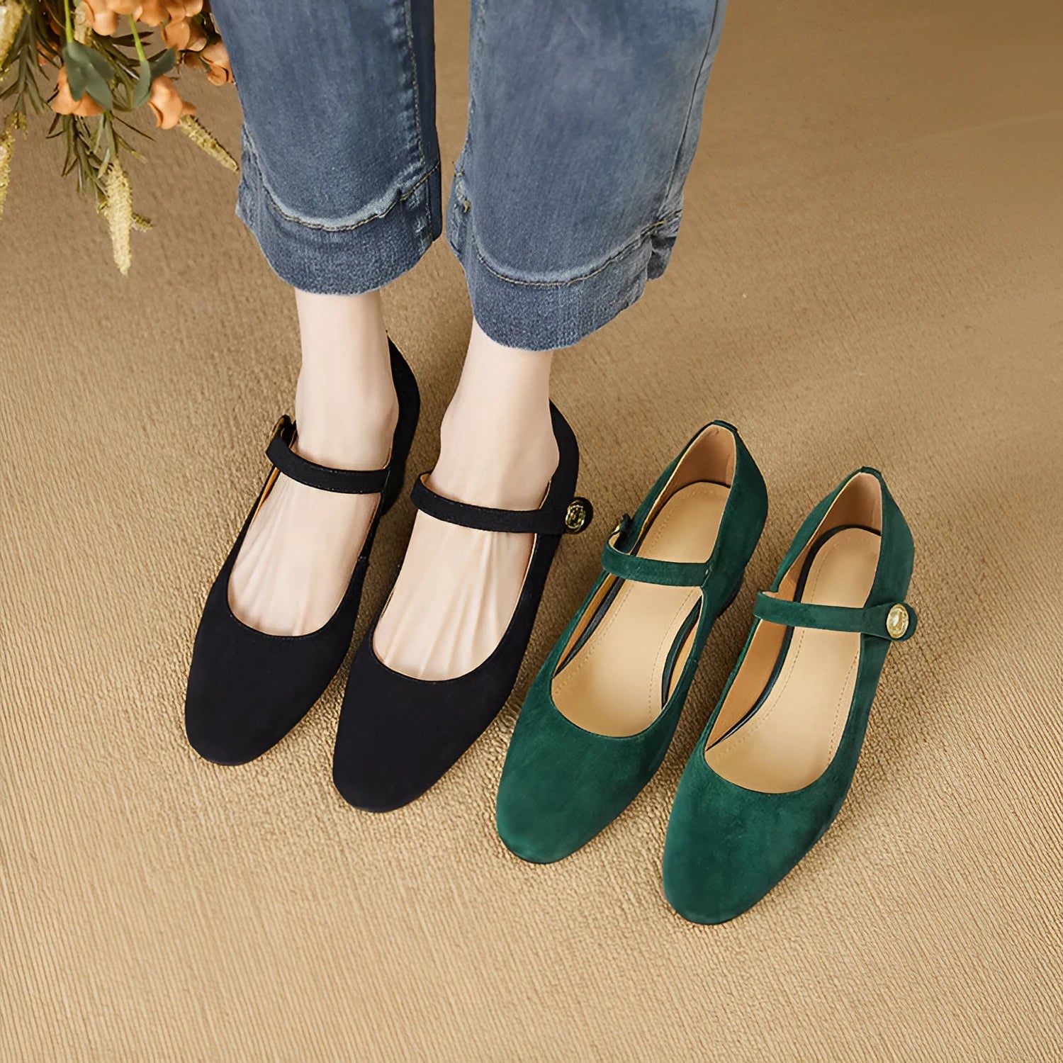 Mary Jane season chunky heel pumps women's shallow mouth square toe suede black green