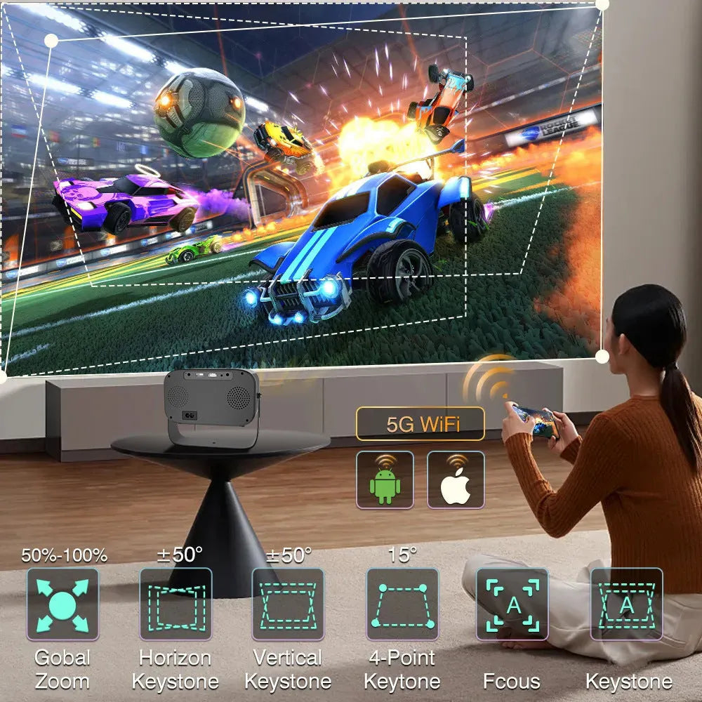 Black HD smart portable projector with remote control on white background