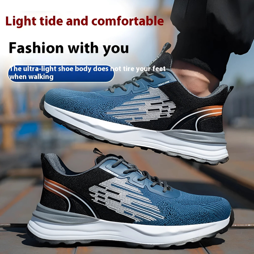 Blue men's lightweight safety work shoes with plastic toe cap and lace-up closure