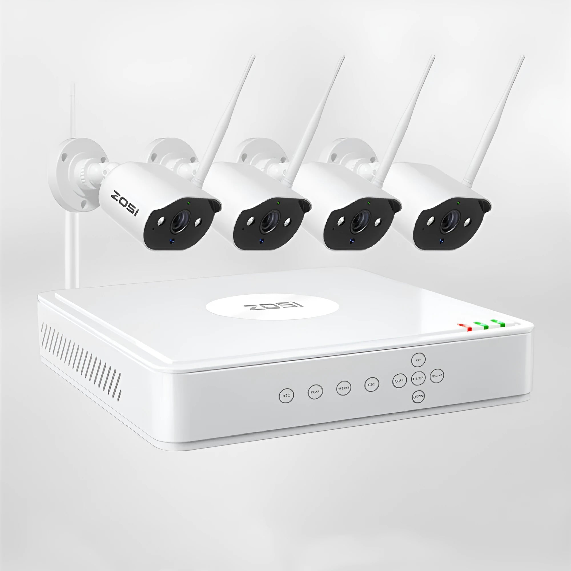 ZOSI 4-way POE security camera system with NVR and outdoor cameras for remote HD monitoring.
