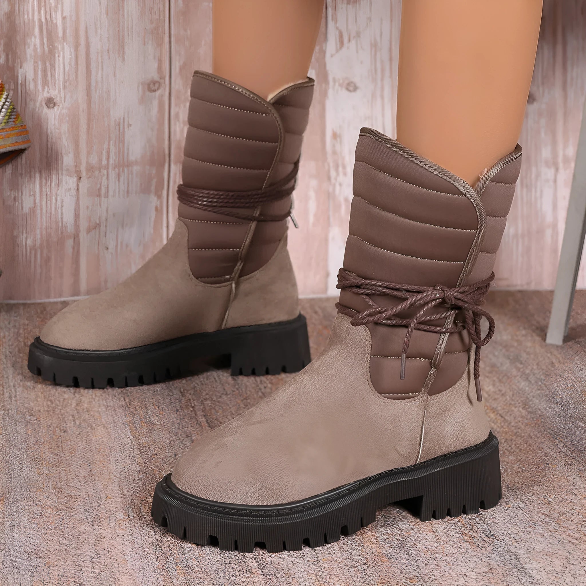 Women's black chunky heel snow boots with lace-up design and fleece lining