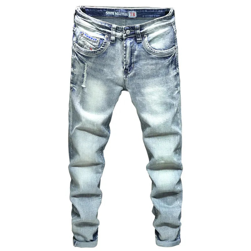 Men's light blue ripped casual jeans in cotton with distressed details, size 28 to 38