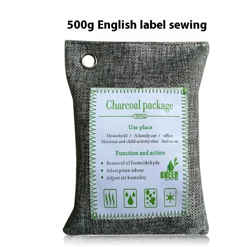 Bamboo charcoal air purifying bag in a sewing style fabric pouch for formaldehyde and odour removal.