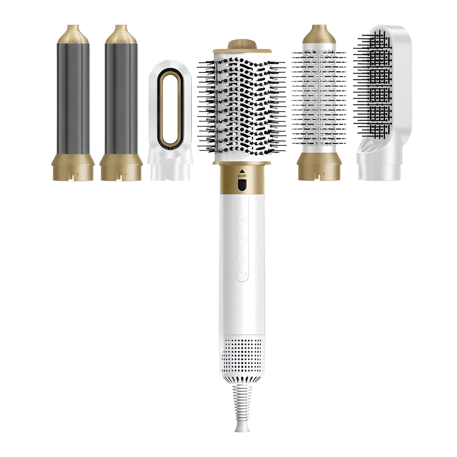 Dark blue and white 6-in-1 electric hot air comb with leather case for hair styling.