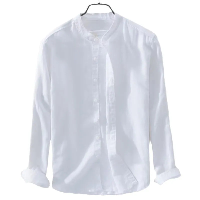 Men's loose fit long sleeve casual shirt in linen-cotton blend, shown in dark blue colour.