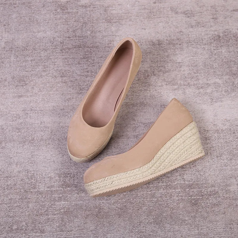 Women's wedge heel pumps with rope detail and thick platform sole in apricot colour
