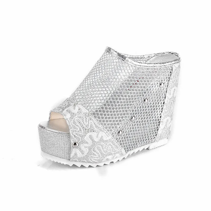 Korean chunky heel platform sandals with a hollowed-out heel and mesh upper in black.