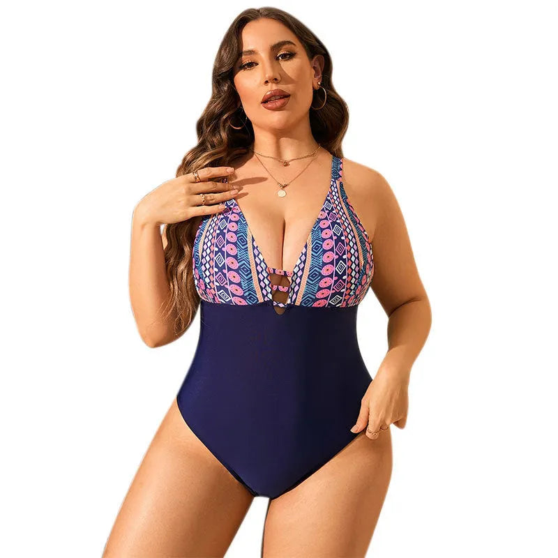 Plus size leopard print one-piece swimsuit with V-neck and tummy cover design