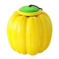 Green, orange, and yellow pumpkin-shaped squeaker dog ball toy for small dogs, shown with size scale.