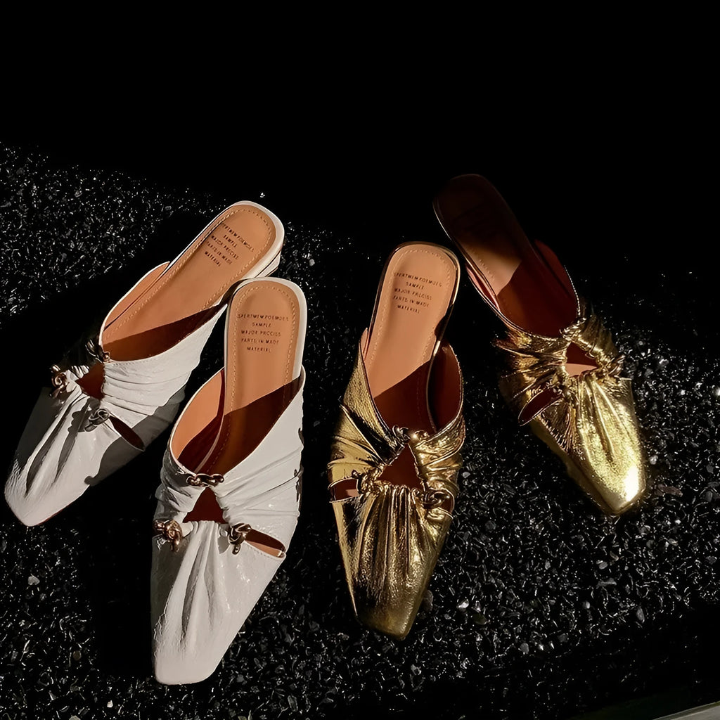 Women's leather half-toe slippers with square toe design in metallic colours