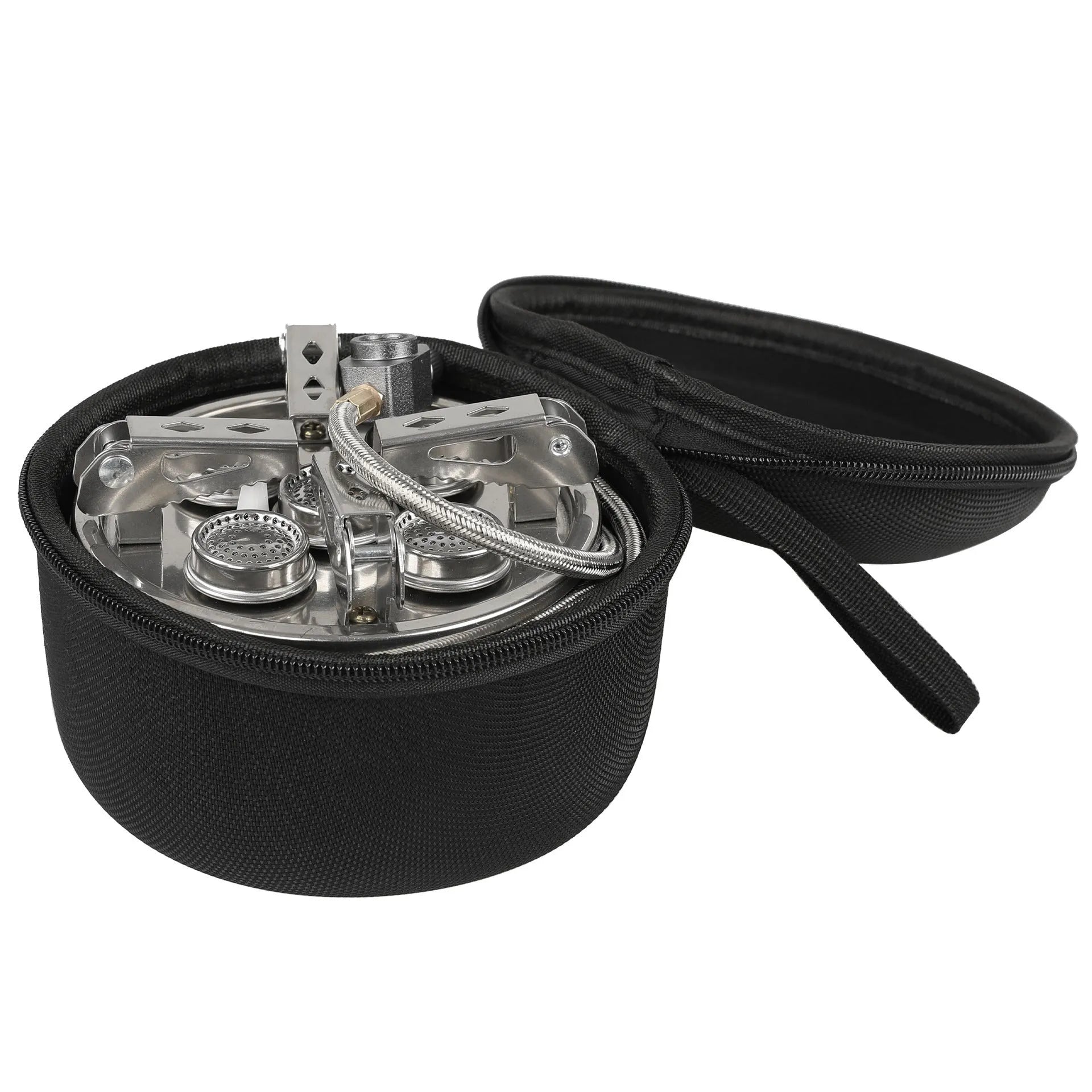 Silver foldable stainless steel portable camping split stove with a long gas hose