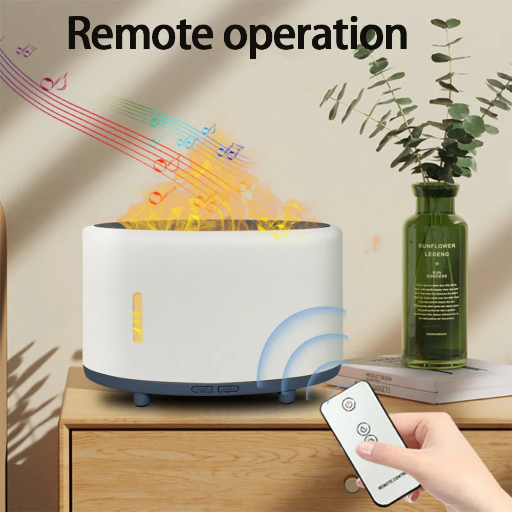 Flame humidifier with Bluetooth remote control and LED aromatherapy light, 150ml, in dark wood grain finish