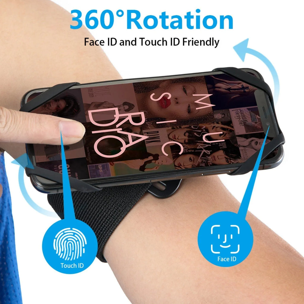 Black 2-in-1 sports phone case with detachable nylon armband and wrist strap on a surface