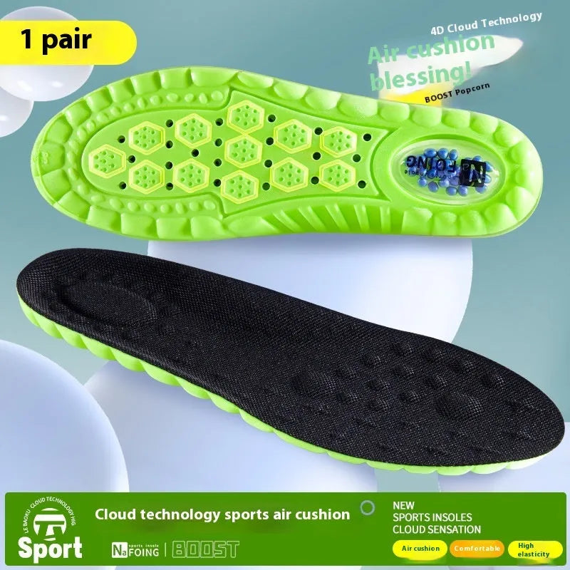 Green PU sports insoles with air cushion shock absorption and argy wormwood infusion on a white background.