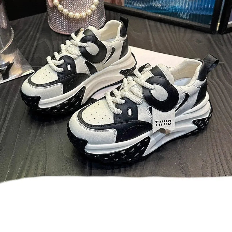 Pair of leather sports casual shoes with thick sole, wedge heel and front lace-up in multiple colour options