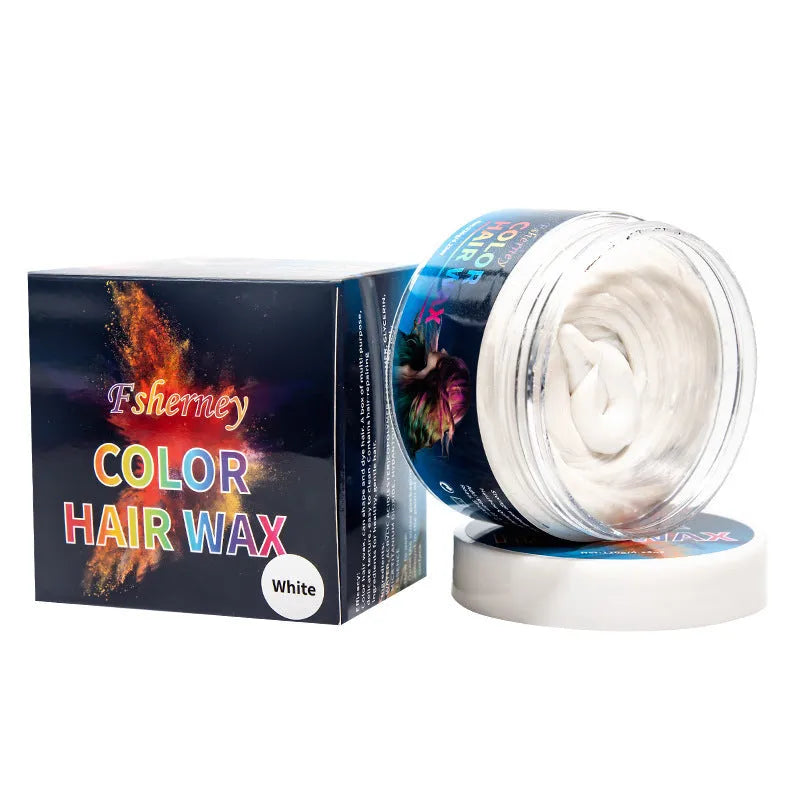 120g hair styling clay pot showing colour options including white, orange, red, yellow, blue, green, purple, rose red, and granny grey
