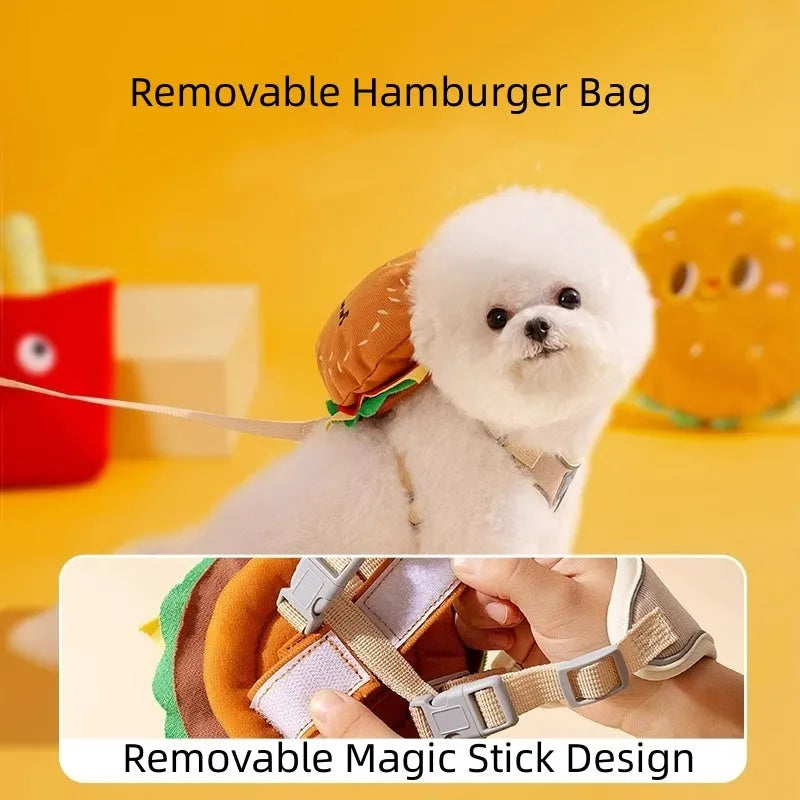 Burgundy red and blue cartoon hamburger chips design pet walking vest with leash and backpack