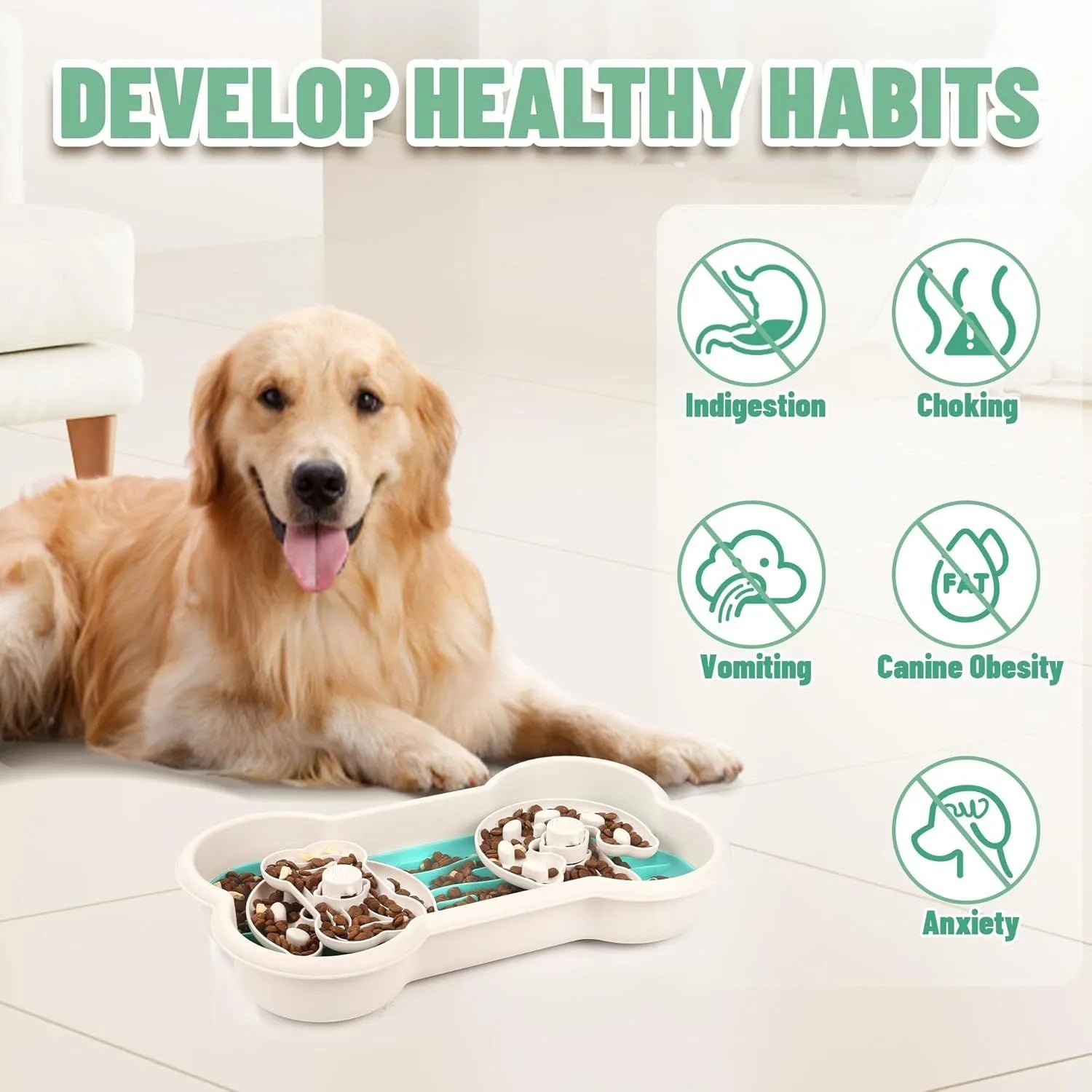 Large green slow feeder dog bowl with three-tier maze design and anti-slip suction cups