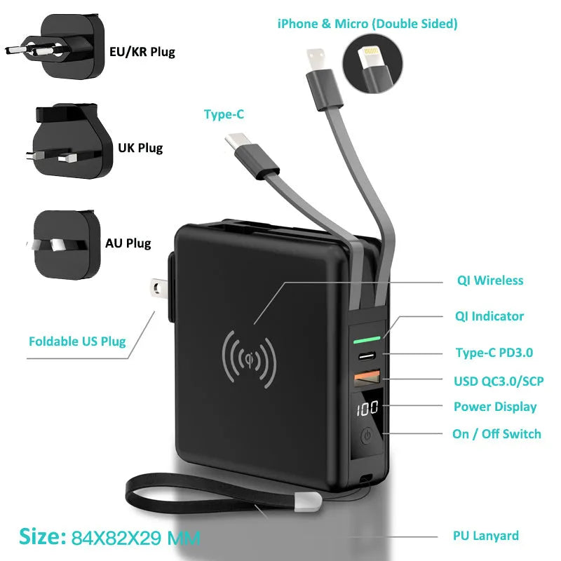PD20W fast power bank with wireless charging and built-in plug in black or white colours