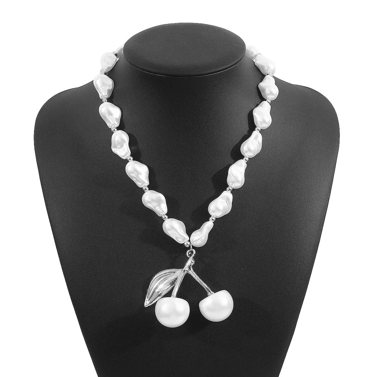Women's geometric cherry fruit pendant necklace with pearl chain in gold or white K electroplated finish