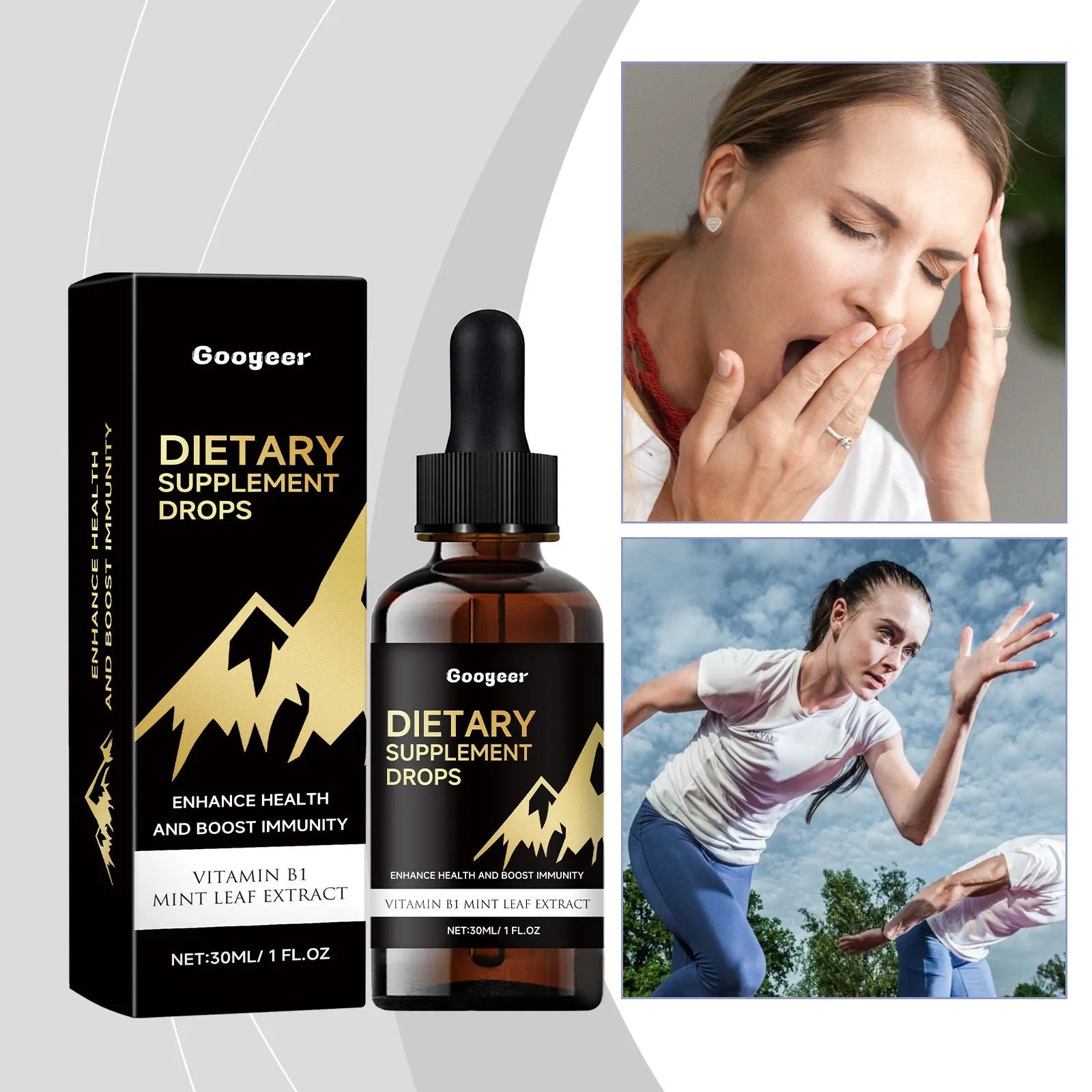 Clear bottle of amber liquid dietary supplement drops with a black dropper top.