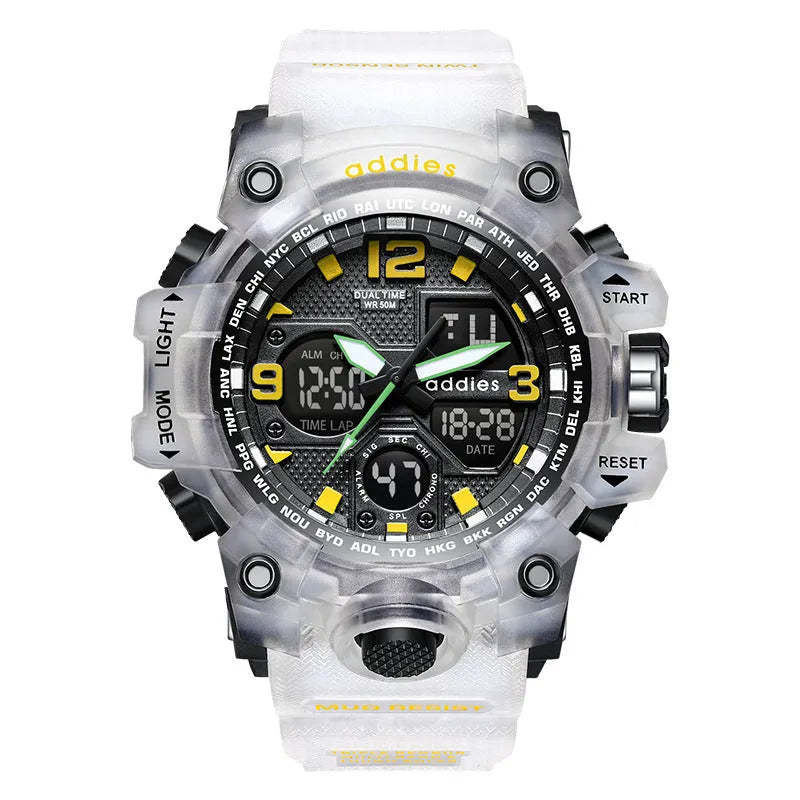 Men's electronic sports watch with dual analogue and digital display on plastic strap