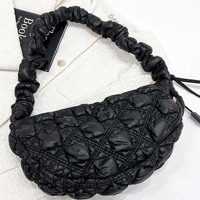 Women's nylon shoulder messenger bag in a solid colour with a long strap, showing front view.